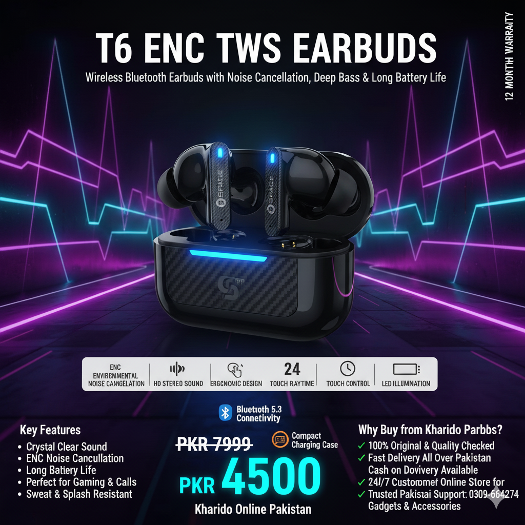 T6 ENC TWS Earbuds | Wireless Bluetooth Earbuds with Noise Cancellation, Deep Bass & Long Battery Life – Kharido Online Pakistan
