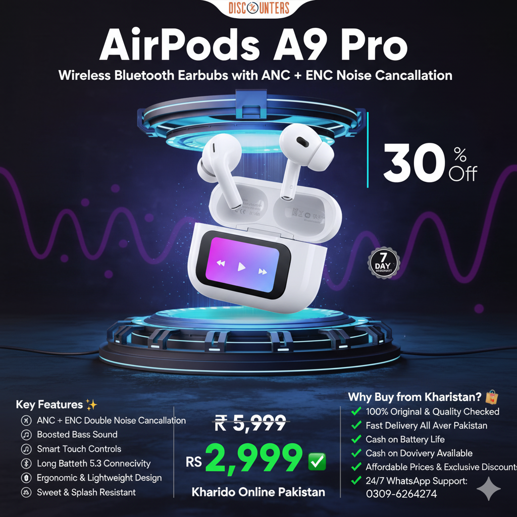 AirPods A9 Pro – ANC & ENC Noise Cancelling Wireless Earbuds | Deep Bass, Touch Control & Long Battery Life for Android & iOS – Kharido Online Pakistan