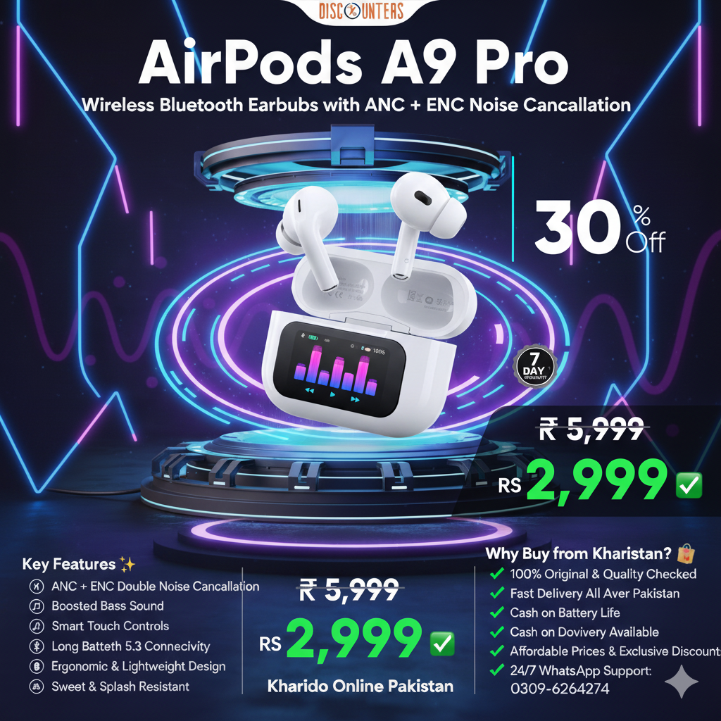 AirPods A9 Pro – ANC & ENC Noise Cancelling Wireless Earbuds | Deep Bass, Touch Control & Long Battery Life for Android & iOS – Kharido Online Pakistan