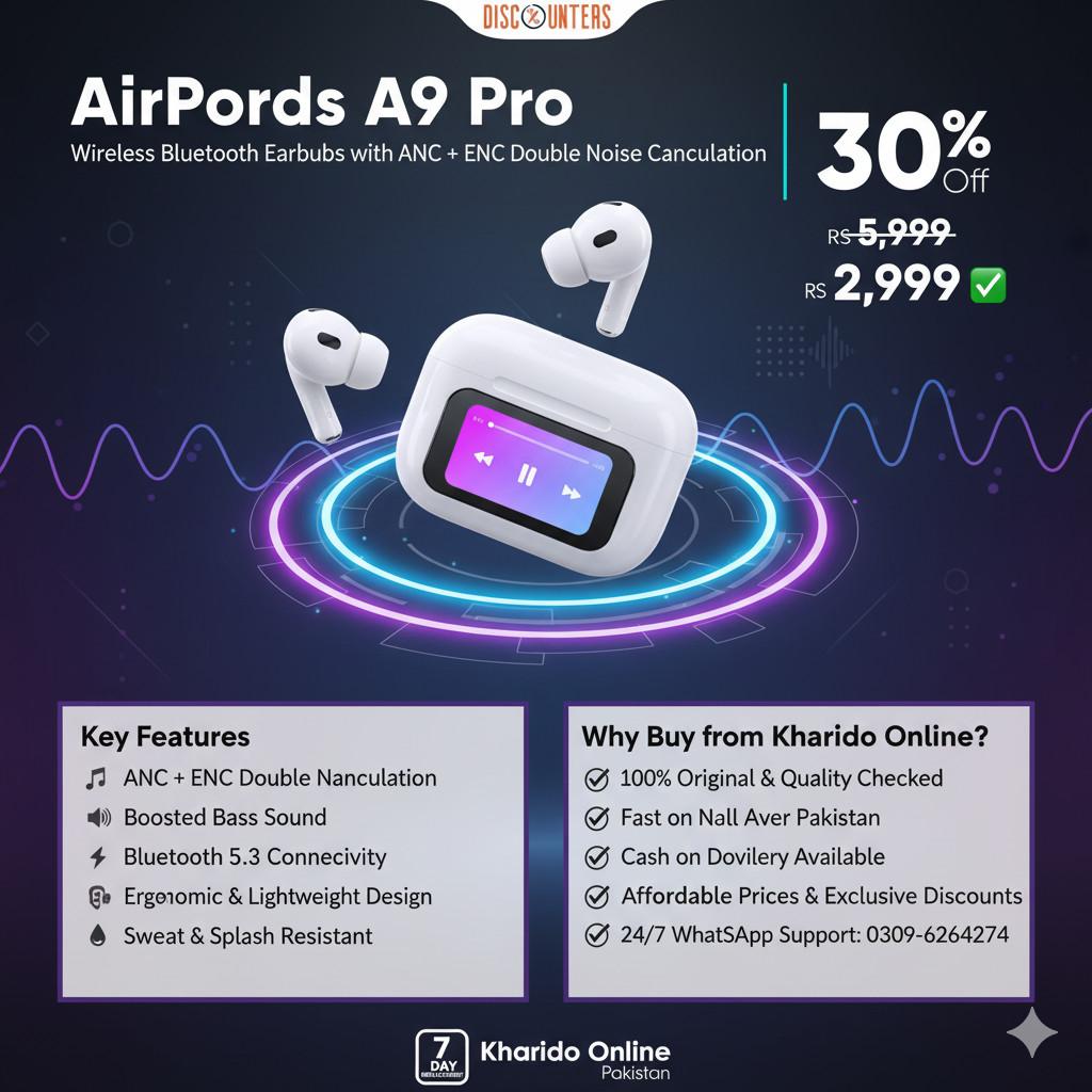 AirPods A9 Pro – ANC & ENC Noise Cancelling Wireless Earbuds | Deep Bass, Touch Control & Long Battery Life for Android & iOS – Kharido Online Pakistan