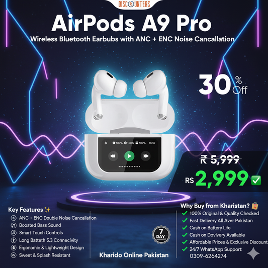AirPods A9 Pro – ANC & ENC Noise Cancelling Wireless Earbuds | Deep Bass, Touch Control & Long Battery Life for Android & iOS – Kharido Online Pakistan